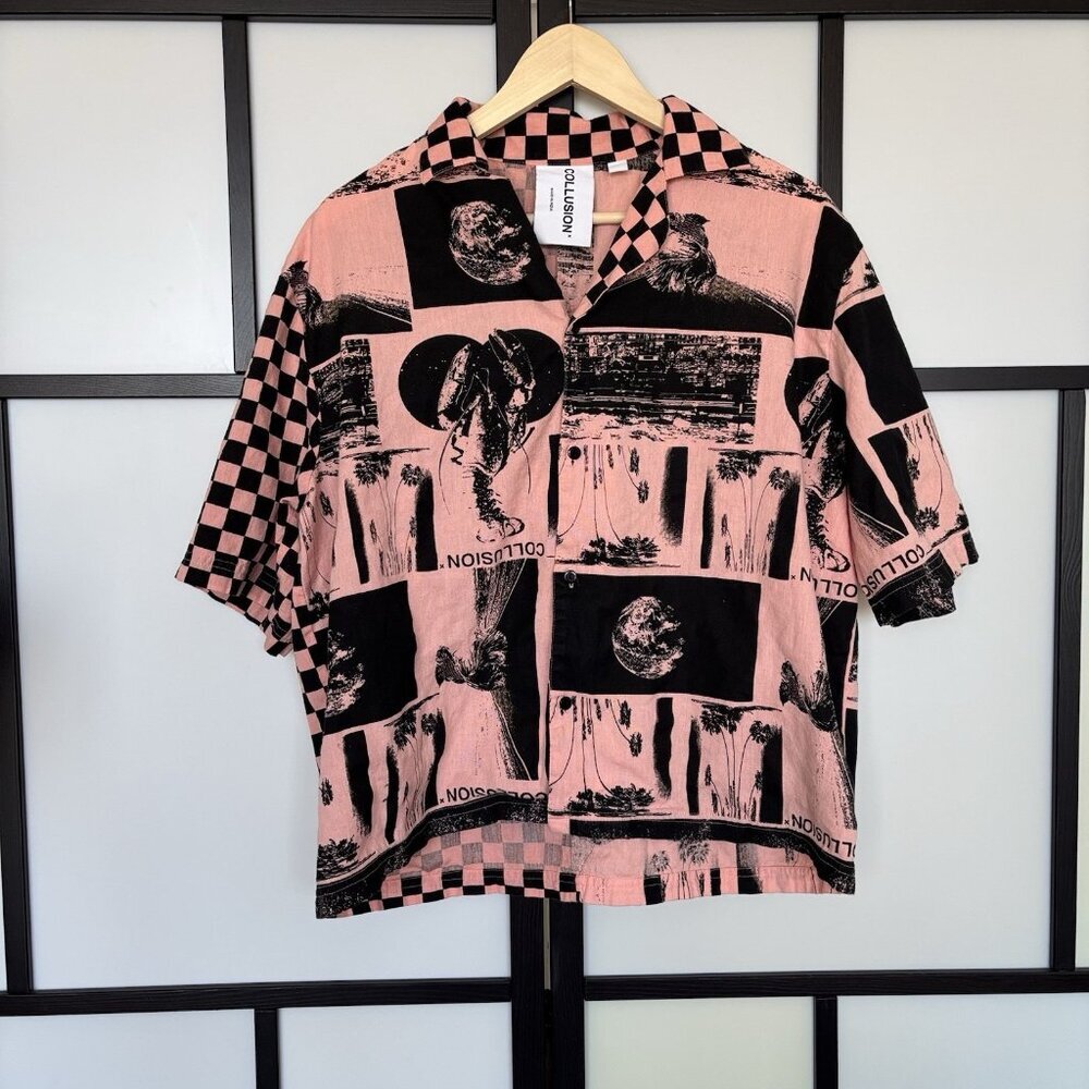 Collusion Women’s OVERSIZED FIT Shirt Checkered Size Small Pink Black Boxy